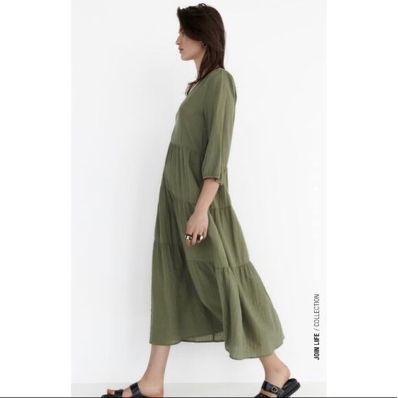 Zara Green Tiered Textured Midi Dress - Picture 2 of 10